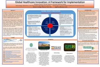 Global Healthcare Innovation: A Framework for Implementation
Wiljeana Glover, Sthuthi Jebaraj, and Kate McKone-Sweet
Technology, Operations, and Information Management Division Schlesinger Fund for Global Healthcare Entrepreneurship
Babson College, Babson Park, MA wjglover@babson.edu
ABSTRACT
As populations increase, health resources shrink, and access
and quality of life equity differences widen, the clarion call
for innovation in healthcare is growing louder around the
world. Both international groups such as the World Health
Organization and national groups, e.g., ministry of health,
continue to set aggressive goals and billions have been spent
to design and implement global health innovations.
Many global health innovations (GHI) have set high goals but
had limited success in implementation or never scaled to
serve a wider population. The barriers to implementing
global healthcare innovations include policies or political
priorities, lack of commitment, limited infrastructure, and
limited healthcare staff. Some health entrepreneurs have
overcome such barriers; Yet other, well intentioned and
planned GHI have not met expectations.
Although some articles provide suggestions for avoiding,
overcoming and addressing these barriers, few offer new
models for global health innovation. In this research, we offer
a four component model that considers the adoptive
community, implementation team, the delivery strategy and
the delivery approach as key enablers for successful GHI. This
model is supported by the literature and in-depth case
studies in Uganda, Ghana, Rwanda, Bangladesh, Mongolia,
Mozambique, and Haiti.
Adoptive Community:
For the HRH program, at the
program initiation, there were 70
specialists. The desired number
was 565, creating a need of 495
specialists. (insert reference from
case). The need for physicians,
nurses and hospital managers as
targeted by the program was
evidence that the Government of
Rwanda had towards
improvements.
Implementation Team:
Partners In Health has developed
a long-term partnership with the
Ministry of Health (MSPP) in Haiti.
While many private health
facilities had been developed in
isolation, PIH knew the
importance of working MOH to
develop surgeons who could later
support other health care
facilities. MOH provided funding
to help build a state-of-the art
hospital that would provide
specialized surgical training. The
intention is to develop trained
surgeons to improve the overall
health systems.
Delivery Strategy:
Dr. Paul Firth and the Surgical
Quality Assurance Database team
at the Mbarara Regional Referral
hospital in Uganda created the
database based on Excel and later
Open MRS, ensuring an ease of
scalability of the technical
solution to neighboring hospitals
if desired.
Delivery Approach:
Dr. Ben Warf went through
multiple iterations of act-learn-
build in his development of a new
approach to treat hydrocephalus.
First, he found a more affordable
approach to the existing method
and later developed a new
method based on existing
technology.
LITERATURE
• Adoptive Community: Guidance on how to select an
appropriate existing intervention once a community has
been selected, but limited guidance how to select an
adoptive community when an intervention is novel
(Jacobs et al., 2011).
• Implementation Team: cross-functional and international
teamwork and collaboration broadened understanding of
the and impacted the team experience (Busse et al., 2014)
• Delivery Strategy: Developing acceptable and meaningful
ways to evaluate the short-term contributions for GHI and
to forecast its long-term impacts is a strategic priority
needed to defend decisions being in global health
development (Milat et al., 2015)
• Delivery Approach: Entrepreneurship literature provides
guidance on the iterative nature of innovation and
launching new organizations (Neck et al., 2017)
CONCLUSIONS & FUTURE RESEARCH
ACKNOWLEDGEMENTS
CASES
Eight case studies in partnership with the Lancet Commission
on Global Surgery and The Program for Global Surgery and
Social Change at Harvard Medical School.
Case writers and medical research fellows conducted
interviews with protagonists and other staff members and via
Skype
Case 1: National Surgical Quality Improvement Program
(NSQIP)-lite in Mozambique
Case 2: Surgical Quality Assurance Database (SQUAD) in
Uganda, Part A and Part B
Case 3: Treating Hydrocephalus in Uganda
Case 4: Human Resources for Health Program in Rwanda
Case 5: Surgical Systems Building in Haiti (in process)
Case 6: Formation of the Ghana College of Physicians and
Surgeons (in process)
Case 7: Surgical Referral Systems with BRAC in Bangladesh (in
process)
Case 8: Building Surgical Capacity in Laparoscopic
Cholecystectomy in Mongolia
REFERENCES
Bart Jacobs, Por Ir, Maryam Bigdeli, Peter Leslie Annear, Wim Van Damme; Addressing
access barriers to health services: an analytical framework for selecting appropriate
interventions in low-income Asian countries, Health Policy and Planning, Volume 27, Issue 4,
1 July 2012, Pages 288–300, https://doi.org/10.1093/heapol/czr038
Busse, Heidi, Ephrem A. Aboneh, and Girma Tefera. "Learning from developing countries in
strengthening health systems: an evaluation of personal and professional impact among
global health volunteers at Addis Ababa University’s Tikur Anbessa Specialized Hospital
(Ethiopia)." Globalization and health 10.1 (2014): 64.
https://globalizationandhealth.biomedcentral.com/articles/10.1186/s12992-014-0064-x
Milat, Andrew J., Adrian Bauman, and Sally Redman. "Narrative review of models and
success factors for scaling up public health interventions." Implementation Science 10.1
(2015): 113.
Neck, Heidi M., Christopher P. Neck, and Emma L. Murray. Entrepreneurship: the practice
and mindset. SAGE Publications, 2017.
FINDINGS
This research was supported by the Schlesinger Fund for Global
Healthcare Entrepreneurship at Babson College, The Babson Faculty
Research Fund, the Lancet Commission on Global Surgery, and the
Kletjian Foundation.
We expect that the strength of this framework lies in the flexibility
and adaptability to global health contexts with a strong focus on
iteration in consideration of local users
• Applications: The framework can be utilized during the planning
stage, to keep track of implementation as well as to evaluate the
success on conclusion
• Practitioner Implications: Our aim is to help global health
practitioners understand where the gaps and challenges might
arise as they think about innovation. In a field where resources
are rapidly shrinking, this could potentially be life-saving.
• Future Research: Quantitative study of innovations to develop
quantifiable metrics for each component and determine impact
on four components on success and sustainability
 