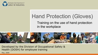 Hand Protection (Gloves)
Training on the use of hand protection
in the workplace
Developed by the Division of Occupational Safety &
Health (DOSH) for employee training
May, 2009
 