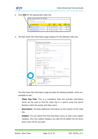 Video Streaming Training Guide



2.   Click Edit for the appropriate video clip.




3.   The Edit Video Clip information page displays for the selected video clip.




     The Edit Video Clip information page provides the following details, which are
     available to edit:

     •   Video Clip Title: This is a mandatory field and provides information
         which can be used to find the video clip in a search using the search
         facilities within the portal, and Glow Learn.

     •   Description: Provides additional information on the content of the video
         clip.

     •   Subject: You can select from the drop-down menu, or add a new subject
         category. Any new subject category you add will be added into the drop-
         down menu list for use later.




Author: Glow Team                   Page 12 of 16                  Ref: GC291_v1.1
 