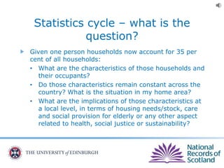 Statistics cycle – what is the
question?
Given one person households now account for 35 per
cent of all households:
• What are the characteristics of those households and
their occupants?
• Do those characteristics remain constant across the
country? What is the situation in my home area?
• What are the implications of those characteristics at
a local level, in terms of housing needs/stock, care
and social provision for elderly or any other aspect
related to health, social justice or sustainability?
 