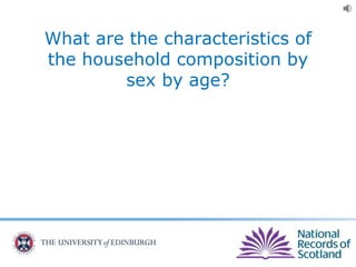 What are the characteristics of
the household composition by
sex by age?
 
