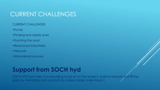CURRENT CHALLENGES
CURRENT CHALLENGES
•Funds
•Finding real needy ones
•Tracking the poor
•Resources/Volunteers
•Network
•Streamlined process
Support from SOCH hyd
SOCH HYD can help us in providing funds to run the project, build a network and fill the
gaps by mentoring and contacts to make a large scale impact.
 