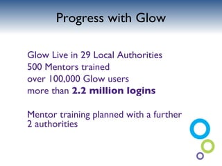 Progress with Glow Glow Live in 29 Local Authorities 500 Mentors trained over 100,000 Glow users more than  2.2 million logins Mentor training planned with a further 2 authorities 