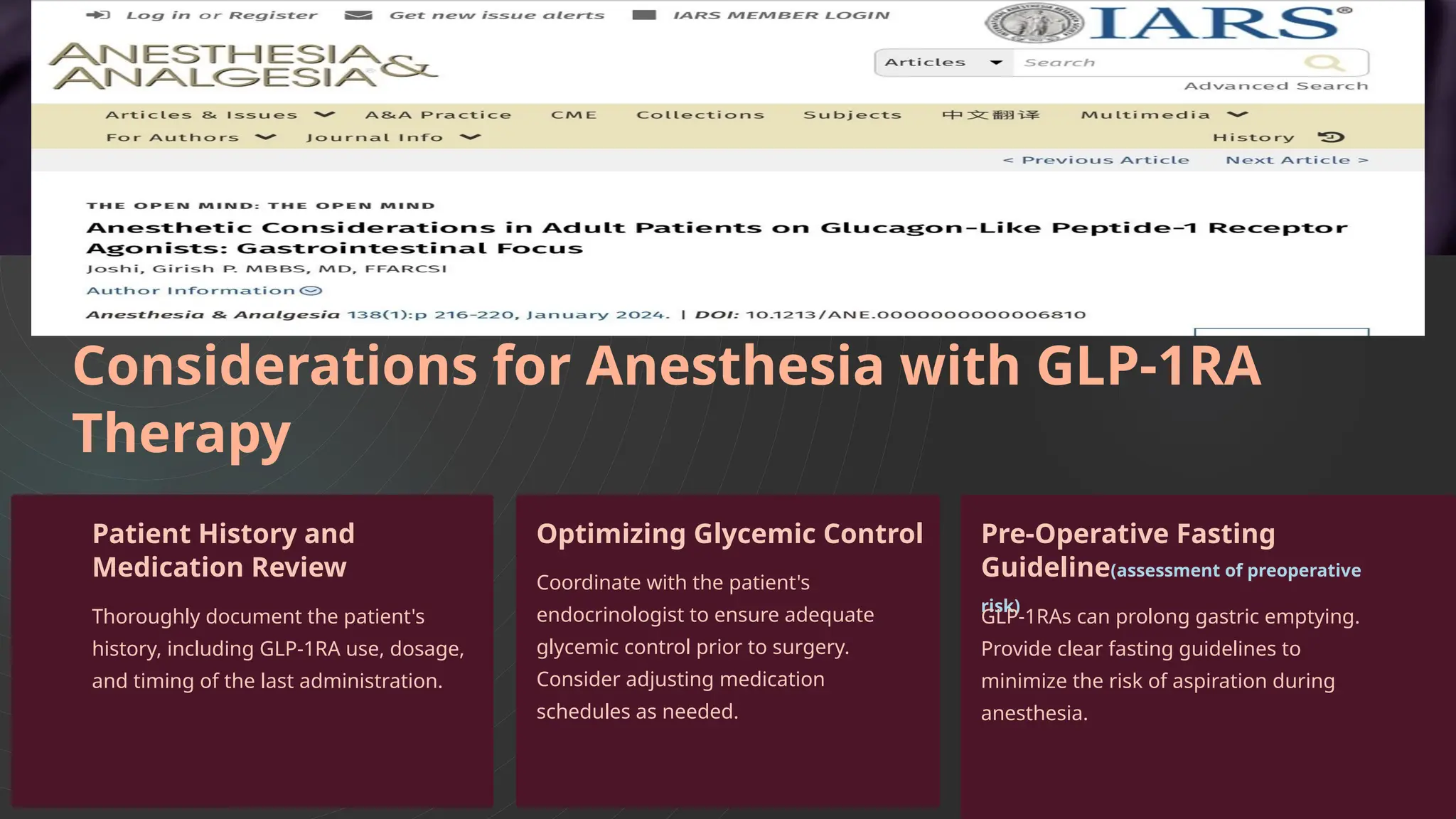 anesthesia guidelines glp-1  Should RAs be continued preprocedurally?  Who should stop a GLP-1 RA preoperatively?  Which patients should have their procedures postponed? Read: https://doi.org/10.1097/01.ASM.0001125664.22893.9f ASA Advises No Longer Holding