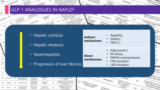 GLP-1 ANALOGUES IN NAFLD5
• Hepatic cytolysis
• Hepatic steatosis
• Steatohepatitis
• Progression of liver fibrosis
Indirect
mechanisms
• Appetite↓
• Satiety↑
• HbA1c↓
Direct
mechanisms
• Adiponectin↑
• ER stress↓
• FAM3A overexpression
• FXR activation
• LXR activation
 
