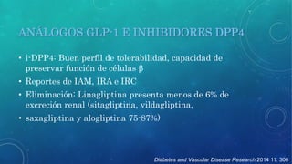 ANÁLOGOS GLP-1 E INHIBIDORES DPP4 
• i-DPP4: Buen perfil de tolerabilidad, capacidad de 
preservar función de células b 
• Reportes de IAM, IRA e IRC 
• Eliminación: Linagliptina presenta menos de 6% de 
excreción renal (sitagliptina, vildagliptina, 
• saxagliptina y alogliptina 75-87%) 
Diabetes and Vascular Disease Research 2014 11: 306 
 