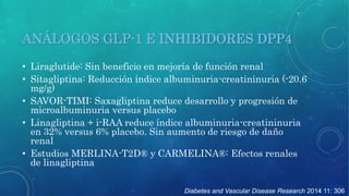 ANÁLOGOS GLP-1 E INHIBIDORES DPP4 
• Liraglutide: Sin beneficio en mejoría de función renal 
• Sitagliptina: Reducción índice albuminuria-creatininuria (-20.6 
mg/g) 
• SAVOR-TIMI: Saxagliptina reduce desarrollo y progresión de 
microalbuminuria versus placebo 
• Linagliptina + i-RAA reduce índice albuminuria-creatininuria 
en 32% versus 6% placebo. Sin aumento de riesgo de daño 
renal 
• Estudios MERLINA-T2D® y CARMELINA®: Efectos renales 
de linagliptina 
Diabetes and Vascular Disease Research 2014 11: 306 
 