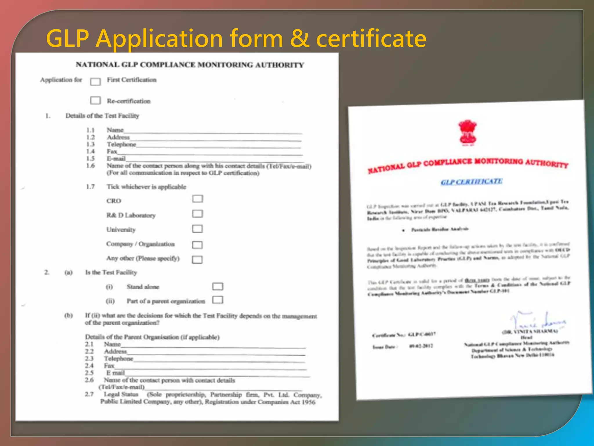 GLP Application form & certificate
 