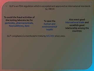 • GLP is an FDA regulation which is accepted and approved as international standards
by OECD
To avoid the fraud activities of
the testing laboratories for
pesticides, pharmaceuticals,
food additives, dyes
To save the
human and
environmental
health
Also erect good
international trade and
establish good
relationship among the
countries
GLP compliance is monitored in India by NGCMA since 2002.
 