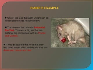 FAMOUS EXAMPLE
 The name of the Lab was Industrial
Bio Test. This was a big lab that ran
tests for big companies such as Procter
and Gamble.
 One of the labs that went under such an
investigation made headline news.
 It was discovered that mice that they
had used to test lotion and deodorants had
developed cancer and died
 