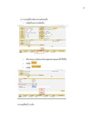 9

3.4 การอนุมติการจัดการความช่วยเหลือ
ั
- กดปุ่ มร้องขอ:ความคิดเห็น

- เลือก Status of Status of the approval request เป็ นที่ได้รับ
- กดปุ่ ม
- กดปุ่ ม

*การอนุมติจะมี 2 ระดับ
ั

 