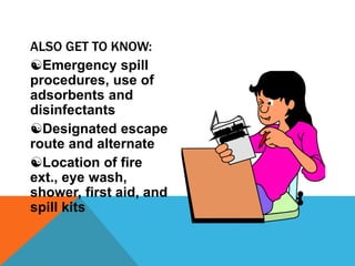ALSO GET TO KNOW:
Emergency spill
procedures, use of
adsorbents and
disinfectants
Designated escape
route and alternate
Location of fire
ext., eye wash,
shower, first aid, and
spill kits
 