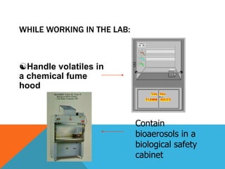 WHILE WORKING IN THE LAB:
Handle volatiles in
a chemical fume
hood
Contain
bioaerosols in a
biological safety
cabinet
 
