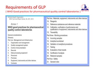 Requirements of GLP
( WHO Good practices for pharmaceutical quality control laboratories )
 