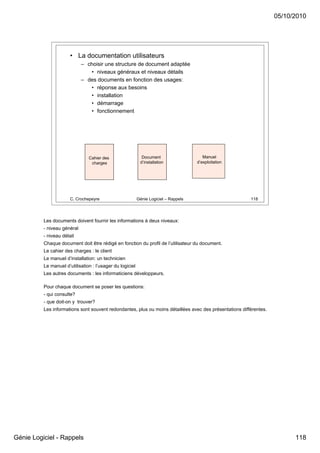 05/10/2010




                       • La documentation utilisateurs
                             – choisir une structure de document adaptée
                                • niveaux généraux et niveaux détails
                             – des documents en fonction des usages:
                                • réponse aux besoins
                                • installation
                                • démarrage
                                • fonctionnement




                                Cahier des                   Document                    Manuel
                                 charges                    d’installation            d’exploitation




                       C. Crochepeyre                      Génie Logiciel – Rappels                      118




          Les documents doivent fournir les informations à deux niveaux:
          - niveau général
          - niveau détail
          Chaque document doit être rédigé en fonction du profil de l’utilisateur du document.
          Le cahier des charges : le client
          Le manuel d’installation: un technicien
          Le manuel d’utilisation : l’usager du logiciel
          Les autres documents : les informaticiens développeurs.

          Pour chaque document se poser les questions:
          - qui consulte?
          - que doit-on y trouver?
          Les informations sont souvent redondantes, plus ou moins détaillées avec des présentations différentes.




Génie Logiciel - Rappels                                                                                                  118
 