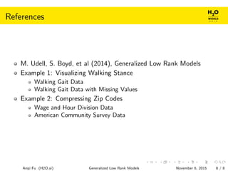 References
M. Udell, S. Boyd, et al (2014), Generalized Low Rank Models
Example 1: Visualizing Walking Stance
Walking Gait Data
Walking Gait Data with Missing Values
Example 2: Compressing Zip Codes
Wage and Hour Division Data
American Community Survey Data
Anqi Fu (H2O.ai) Generalized Low Rank Models November 6, 2015 8 / 8
 