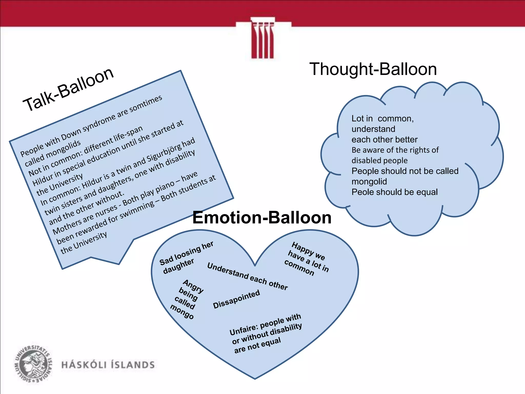 Thought-Balloon
Lot in common,
understand
each other better
Be aware of the rights of
disabled people
People should not be called
mongolid
Peole should be equal

Emotion-Balloon

 