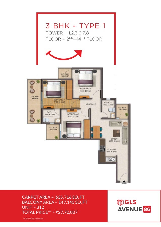 Gls avenue 86 3bhk floor plan type 1
