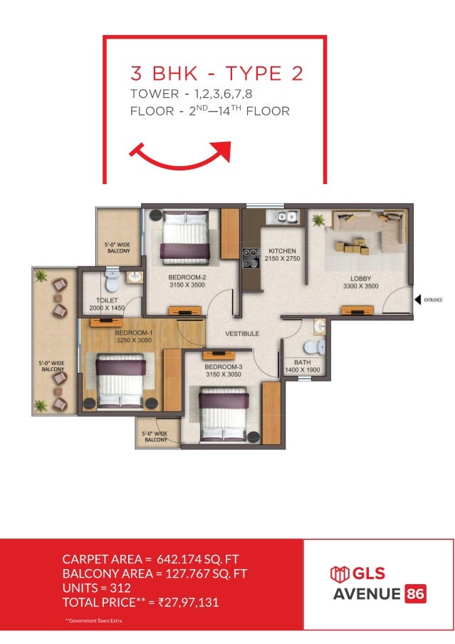 gls avenue 86 3bhk floor plan type 2