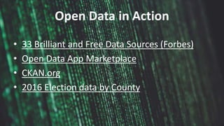 BizStream
Open Data in Action
• 33 Brilliant and Free Data Sources (Forbes)
• Open Data App Marketplace
• CKAN.org
• 2016 ...