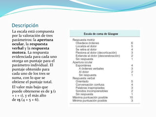 Descripción
La escala está compuesta
por la valoración de tres
parámetros: la apertura
ocular, la respuesta
verbal y la respuesta
motora. La respuesta
evidenciada para cada uno
otorga un puntaje para el
parámetro individual. El
puntaje obtenido para
cada uno de los tres se
suma, con lo que se
obtiene el puntaje total.
El valor más bajo que
puede obtenerse es de 3 (1
+ 1 + 1), y el más alto
de 15 (4 + 5 + 6).