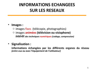INFORMATIONS ECHANGEES
SUR LES RESEAUX
• Images :
o images fixes (télécopie, photographies)
o images animées (télévision ou visiophone)
intérêt des techniques numériques (codage, compression)
• Signalisation :
informations échangées par les différents organes du réseau
(entre eux ou avec l’équipement de l’utilisateur)
5
 