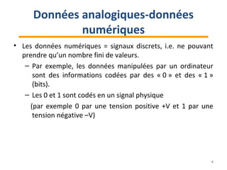 • Les données numériques = signaux discrets, i.e. ne pouvant
prendre qu’un nombre fini de valeurs.
– Par exemple, les données manipulées par un ordinateur
sont des informations codées par des « 0 » et des « 1 »
(bits).
– Les 0 et 1 sont codés en un signal physique
(par exemple 0 par une tension positive +V et 1 par une
tension négative –V)
4
Données analogiques-données
numériques
 