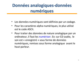 Données analogiques-données
numériques
• Les données numériques sont définies par un codage.
• Pour les caractères alpha-numériques, le plus utilisé
est le code ASCII.
• Pour traiter des données de nature analogique par un
ordinateur, il faut les numériser. Ex: sur CD audio, le
son est « enregistré » sous forme de données
numériques, remises sous forme analogique avant le
haut-parleur.
6
 