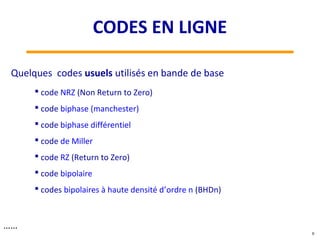 Quelques codes usuels utilisés en bande de base
 code NRZ (Non Return to Zero)
 code biphase (manchester)
 code biphase différentiel
 code de Miller
 code RZ (Return to Zero)
 code bipolaire
 codes bipolaires à haute densité d’ordre n (BHDn)
……
8
CODES EN LIGNE
 