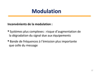 Inconvénients de la modulation :
 Bande de fréquences à l’émission plus importante
que celle du message
 Systèmes plus complexes : risque d’augmentation de
la dégradation du signal due aux équipements
17
Modulation
 