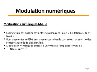  La limitation des bandes passantes des canaux entraîne la limitation du débit
binaire.
 Pour augmenter le débit sans augmenter la bande passante : transmettre des
symboles formés de plusieurs bits.
 Modulation numériques à base de M symboles complexes formés de
 N bits, où
Modulations numériques M-aire
N
M 2=
Modulation numériques
Page 31
 