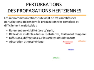 PERTURBATIONS
DES PROPAGATIONS HERTZIENNES
• Rarement en visibilité (line of sight)
• Réflexions multiples dues aux obstacles, étalement temporel
• Diffusions, diffractions sur les arrêtes des bâtiments
• Absorption atmosphérique
Les radio communications subissent de très nombreuses
perturbations qui rendent la propagation très complexe et
difficilement maitrisable :
Transmission
directe
diffusion
réflexion
diffraction
 