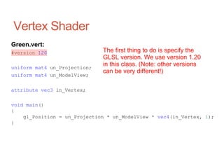 Vertex Shader
The first thing to do is specify the
GLSL version. We use version 1.20
in this class. (Note: other versions
can be very different!)
Green.vert:
#version 120
uniform mat4 un_Projection;
uniform mat4 un_ModelView;
attribute vec3 in_Vertex;
void main()
{
gl_Position = un_Projection * un_ModelView * vec4(in_Vertex, 1);
}
 