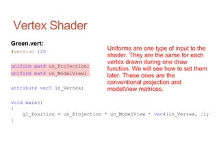 Vertex Shader
Uniforms are one type of input to the
shader. They are the same for each
vertex drawn during one draw
function. We will see how to set them
later. These ones are the
conventional projection and
modelView matrices.
Green.vert:
#version 120
uniform mat4 un_Projection;
uniform mat4 un_ModelView;
attribute vec3 in_Vertex;
void main()
{
gl_Position = un_Projection * un_ModelView * vec4(in_Vertex, 1);
}
 