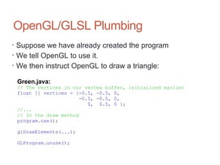 OpenGL/GLSL Plumbing
• Suppose we have already created the program
• We tell OpenGL to use it.
• We then instruct OpenGL to draw a triangle:
Green.java:
// The vertices in our vertex buffer, initialized earlier
float [] vertices = {-0.5, -0.5, 0,
-0.5, -0.5, 0,
0, 0.5, 0 };
//...
// In the draw method
program.use();
glDrawElements(...);
GLProgram.unuse();
 
