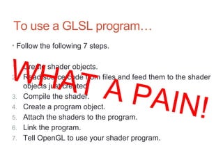 To use a GLSL program…
• Follow the following 7 steps.
1. Create shader objects.
2. Read source code from files and feed them to the shader
objects just created.
3. Compile the shader.
4. Create a program object.
5. Attach the shaders to the program.
6. Link the program.
7. Tell OpenGL to use your shader program.
WHAT A PAIN!
 