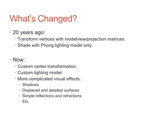 What’s Changed?
• 20 years ago:
• Transform vertices with modelview/projection matrices.
• Shade with Phong lighting model only.
• Now:
• Custom vertex transformation.
• Custom lighting model.
• More complicated visual effects.
• Shadows
• Displaced and detailed surfaces
• Simple reflections and refractions
• Etc.
 
