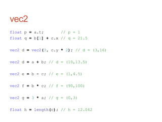 vec2
float p = a.t; // p = 1
float q = b[1] + c.x // q = 21.5
vec2 d = vec2(3, c.y * 2); // d = (3,16)
vec2 d = a + b; // d = (10,13.5)
vec2 e = b - c; // e = (1,4.5)
vec2 f = b * c; // f = (90,100)
vec2 g = 3 * a; // g = (0,3)
float h = length(c); // h = 12.042
 