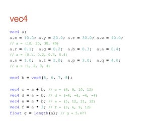 vec4
vec4 a;
a.x = 10.0; a.y = 20.0; a.z = 30.0; a.w = 40.0;
// a = (10, 20, 30, 40)
a.r = 0.1; a.g = 0.2; a.b = 0.3; a.a = 0.4;
// a = (0.1, 0.2, 0.3, 0.4)
a.s = 1.0; a.t = 2.0; a.p = 3.0; a.q = 4.0;
// a = (1, 2, 3, 4)
vec4 b = vec4(5, 6, 7, 8);
vec4 c = a + b; // c = (6, 8, 10, 12)
vec4 d = a - b; // d = (-4, -4, -4, -4)
vec4 e = a * b; // e = (5, 12, 21, 32)
vec4 f = a * 3; // f = (3, 6, 9, 12)
float g = length(a); // g = 5.477
 