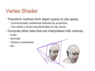 Vertex Shader
• Transform vertices from object space to clip space.
• Conventionally modelview followed by projection
• Can define custom transformation to clip space
• Compute other data that are interpolated with vertices.
• Color
• Normals
• Texture coordinates
• Etc.
 