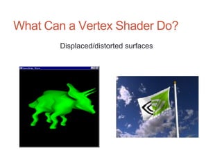 What Can a Vertex Shader Do?
Displaced/distorted surfaces
 