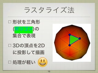 ラスタライズ法
形状を三角形 
(ポリゴン)の 
集合で表現
3Dの頂点を2D 
に投影して描画
処理が軽い
16
 