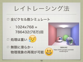 レイトレーシング法
全ピクセル数シミュレート
- 1024x768 =
786432(78万)回
処理は重い
無限に滑らか・ 
物理現象の再現が可能
18
【画像出典】
https://sites.google.com/site/
rendering1h/
 