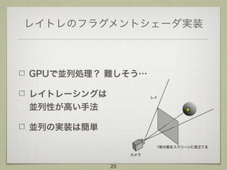 レイトレのフラグメントシェーダ実装
GPUで並列処理？ 難しそう…
レイトレーシングは 
並列性が高い手法
並列の実装は簡単
25
 