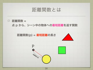 距離関数とは
距離関数 =  
点 p から、シーン中の物体への最短距離を返す関数
31
距離関数(p) = 最短距離の長さ
 