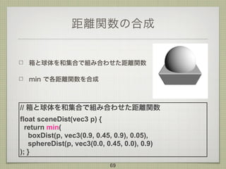 距離関数の合成
箱と球体を和集合で組み合わせた距離関数
min で各距離関数を合成
69
// 箱と球体を和集合で組み合わせた距離関数
float sceneDist(vec3 p) {
return min(
boxDist(p, vec3(0.9, 0.45, 0.9), 0.05),
sphereDist(p, vec3(0.0, 0.45, 0.0), 0.9)
); }
 