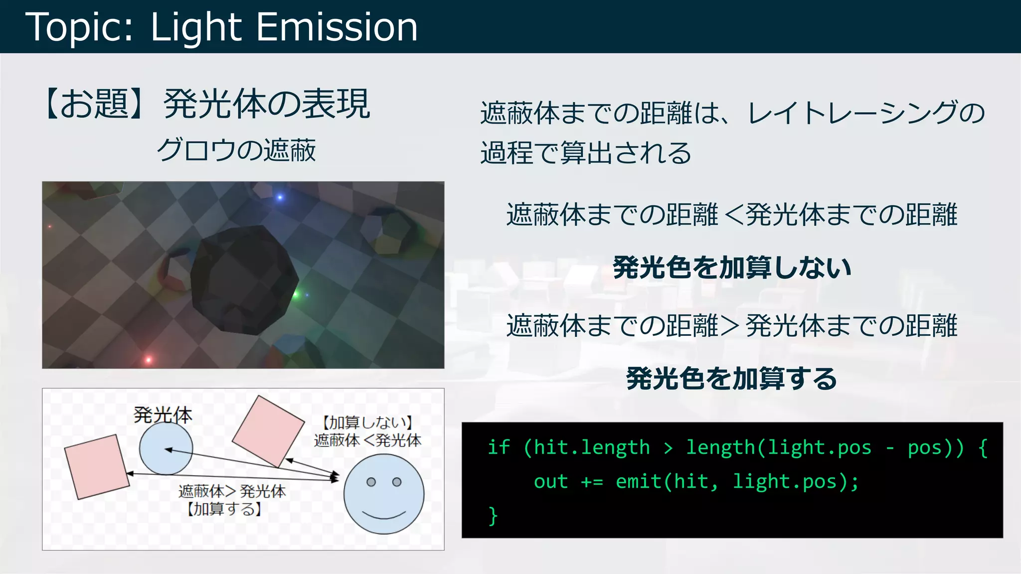 Topic: Light Emission
【お題】発光体の表現
グロウの遮蔽
遮蔽体までの距離は、レイトレーシングの
過程で算出される
遮蔽体までの距離＜発光体までの距離
発光⾊を加算しない
遮蔽体までの距離＞発光体までの距離
発光⾊を加算する
if (hit.length > length(light.pos - pos)) {
out += emit(hit, light.pos);
}
 