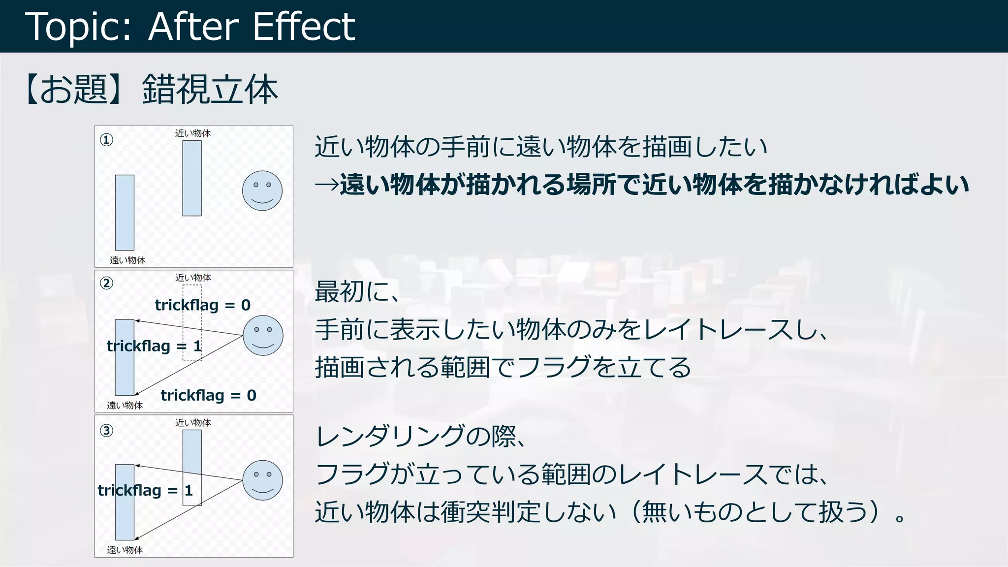 Topic: After Eﬀect
【お題】錯視⽴体
近い物体の⼿前に遠い物体を描画したい
→遠い物体が描かれる場所で近い物体を描かなければよい
trickﬂag = 0
trickﬂag = 1
trickﬂag = 0
最初に、
⼿前に表⽰したい物体のみをレイトレースし、
描画される範囲でフラグを⽴てる
レンダリングの際、
フラグが⽴っている範囲のレイトレースでは、
近い物体は衝突判定しない（無いものとして扱う）。
trickﬂag = 1
①
②
③
 