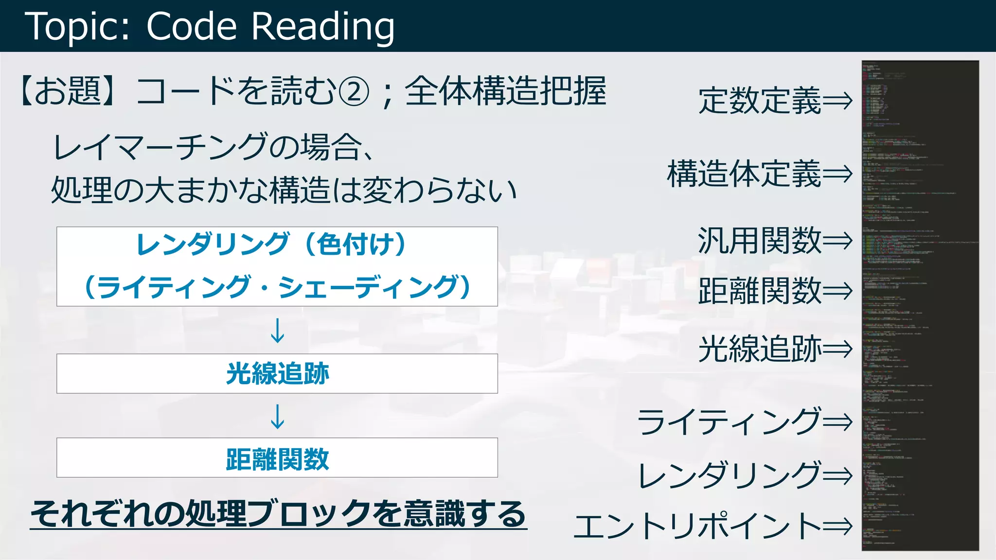 Topic: Code Reading
レイマーチングの場合、
処理の⼤まかな構造は変わらない
それぞれの処理ブロックを意識する
【お題】コードを読む②︔全体構造把握
エントリポイント⇒
レンダリング⇒
ライティング⇒
光線追跡⇒
距離関数⇒
汎⽤関数⇒
構造体定義⇒
定数定義⇒
レンダリング（⾊付け）
（ライティング・シェーディング）
↓
光線追跡
↓
距離関数
 