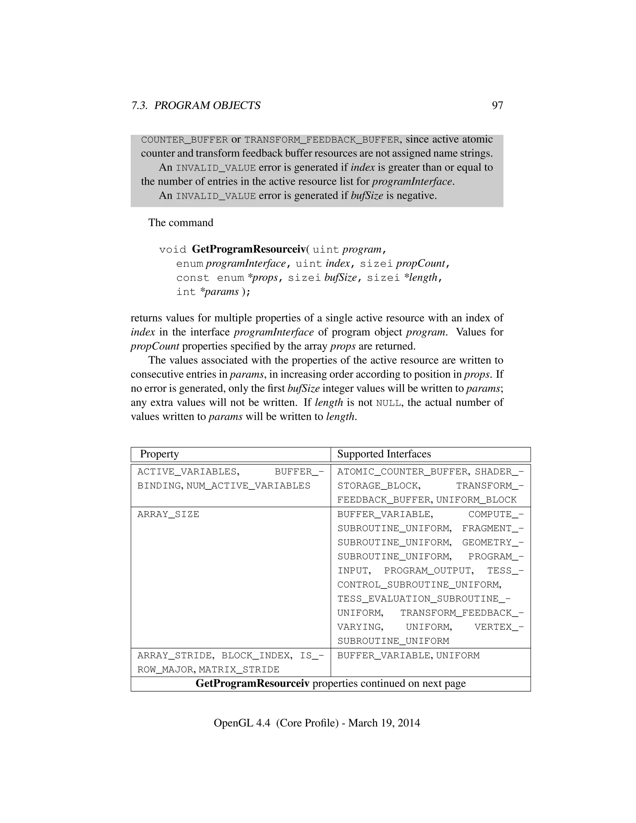 7.3. PROGRAM OBJECTS 97
COUNTER_BUFFER or TRANSFORM_FEEDBACK_BUFFER, since active atomic
counter and transform feedback buffer resources are not assigned name strings.
An INVALID_VALUE error is generated if index is greater than or equal to
the number of entries in the active resource list for programInterface.
An INVALID_VALUE error is generated if bufSize is negative.
The command
void GetProgramResourceiv( uint program,
enum programInterface, uint index, sizei propCount,
const enum *props, sizei bufSize, sizei *length,
int *params );
returns values for multiple properties of a single active resource with an index of
index in the interface programInterface of program object program. Values for
propCount properties speciﬁed by the array props are returned.
The values associated with the properties of the active resource are written to
consecutive entries in params, in increasing order according to position in props. If
no error is generated, only the ﬁrst bufSize integer values will be written to params;
any extra values will not be written. If length is not NULL, the actual number of
values written to params will be written to length.
Property Supported Interfaces
ACTIVE_VARIABLES, BUFFER_-
BINDING, NUM_ACTIVE_VARIABLES
ATOMIC_COUNTER_BUFFER, SHADER_-
STORAGE_BLOCK, TRANSFORM_-
FEEDBACK_BUFFER, UNIFORM_BLOCK
ARRAY_SIZE BUFFER_VARIABLE, COMPUTE_-
SUBROUTINE_UNIFORM, FRAGMENT_-
SUBROUTINE_UNIFORM, GEOMETRY_-
SUBROUTINE_UNIFORM, PROGRAM_-
INPUT, PROGRAM_OUTPUT, TESS_-
CONTROL_SUBROUTINE_UNIFORM,
TESS_EVALUATION_SUBROUTINE_-
UNIFORM, TRANSFORM_FEEDBACK_-
VARYING, UNIFORM, VERTEX_-
SUBROUTINE_UNIFORM
ARRAY_STRIDE, BLOCK_INDEX, IS_-
ROW_MAJOR, MATRIX_STRIDE
BUFFER_VARIABLE, UNIFORM
GetProgramResourceiv properties continued on next page
OpenGL 4.4 (Core Proﬁle) - March 19, 2014
 